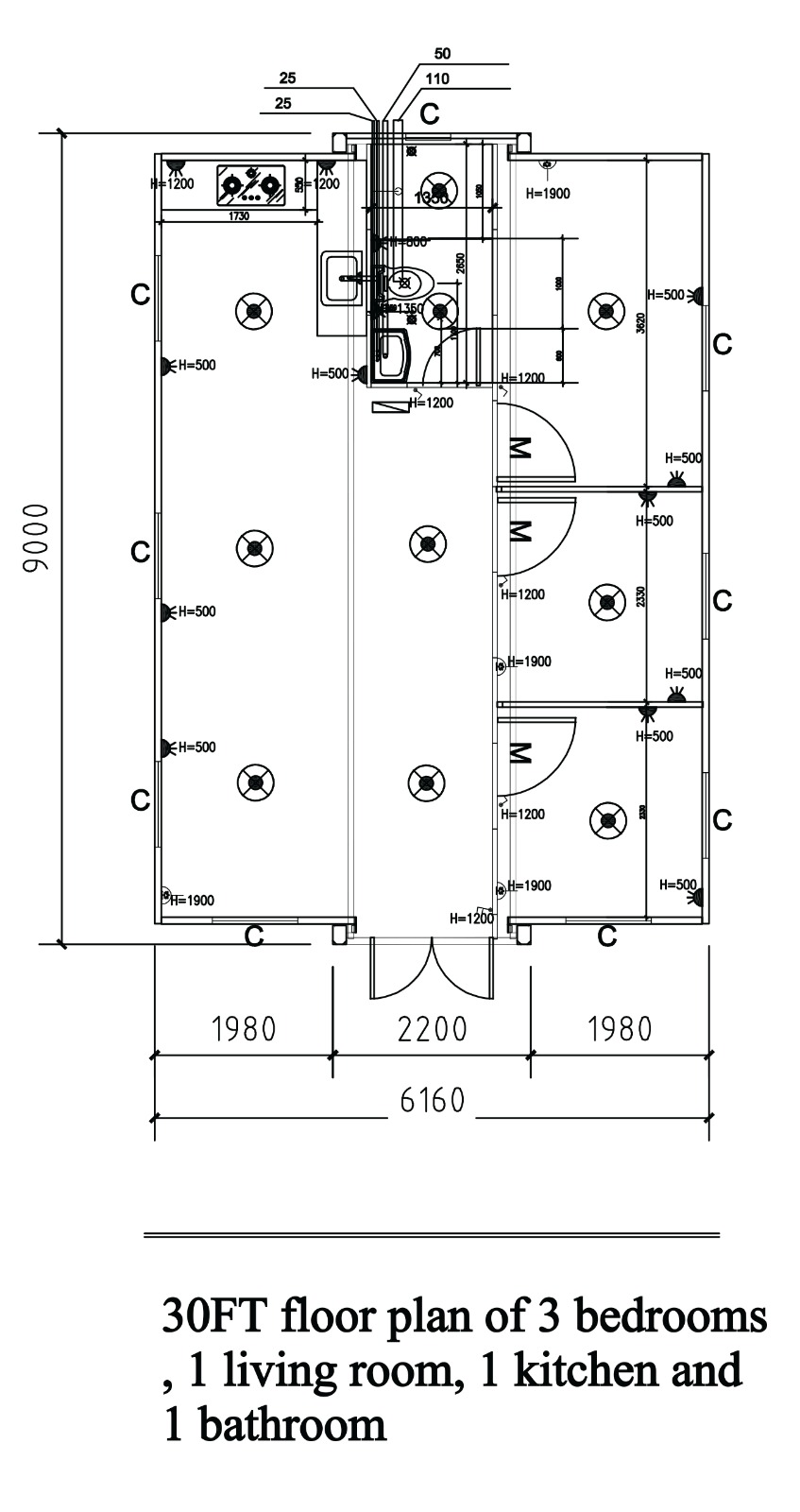 Plano Casa 55m² — 2 Recámaras